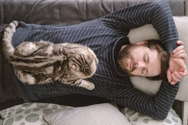 Homem caucasiano atraente dorme em um sofá, e seu gato encantador está em seu peito. Vista superior . — Fotografia de Stock