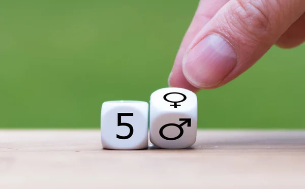 Símbolo para la igualdad de género. Los dados forman la expresión 50 / 50 whi —  Fotos de Stock