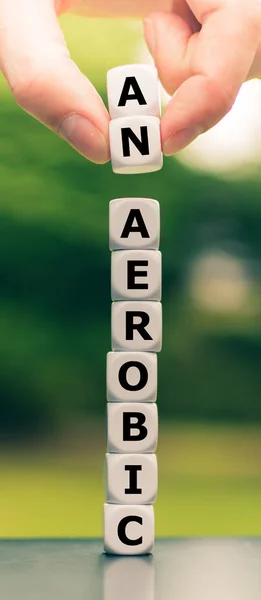 Hand heft twee dobbelstenen en verandert het woord "anaerobe" in "aerobe — Stockfoto