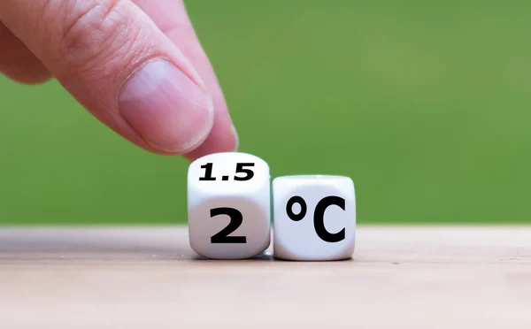 Symbol for limiting global warming. Hand turns a dice and change