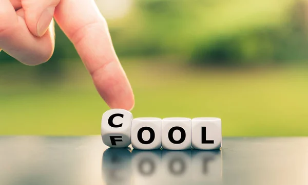 Be cool or a fool? Hand turns a dice and changes the word "fool" — 스톡 사진