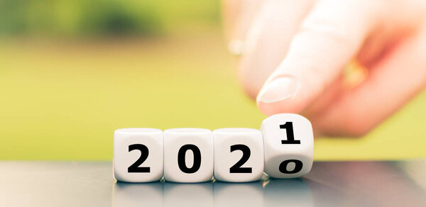 Hand Turns Dice Changes Year 2020 2021 Stock Picture