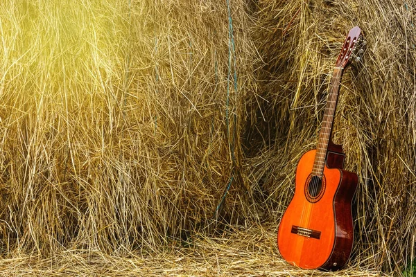 Haystacks yakınındaki akustik gitar — Stok fotoğraf