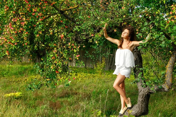 Young woman and apple tree — Stock Photo, Image