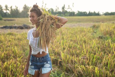 Ecotourism or daily work. Happy woman farmer during harvesting on the rice field clipart