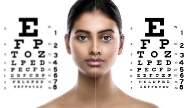 Ophthalmology - Indian woman and eye chart for sight test. clipart