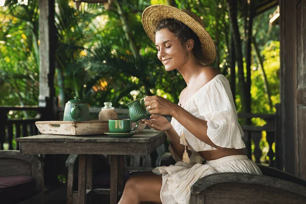 Young Happy Woman Sitting Summer Terrace Drinking Coffee — Stock Photo, Image