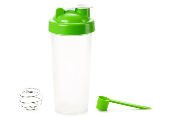 Grönt Protein Shaker Och Skopa Vit Bakgrund — Stockfoto