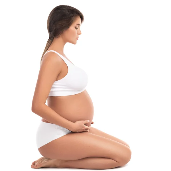 Mladé Krásné Těhotné Ženy Bílém Pozadí — Stock fotografie