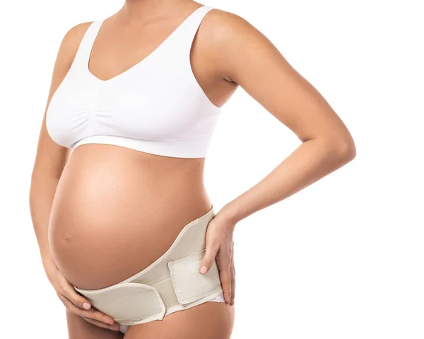 Břicho Těhotné Ženy Elastickou Mateřskou Páskou Bílém Pozadí — Stock fotografie