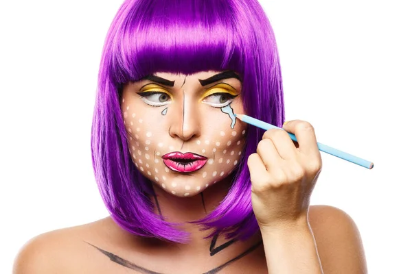 Model Kreatywnym Obrazie Pop Art Makijaż Izolowany Białym Tle — Zdjęcie stockowe