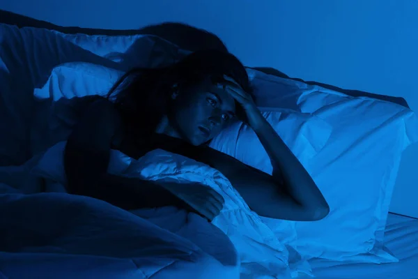 Young Woman Headache Insomnia Dark Bedroom — Stock Photo, Image