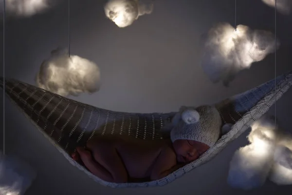 Cute Little Baby Sleeping Hammock Lot Clouds Made Cotton Wool — Stock Photo, Image