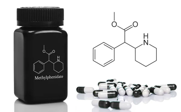 Schwarze Plastikflasche Mit Methylphenidat Pillen Auf Weißem Hintergrund — Stockfoto