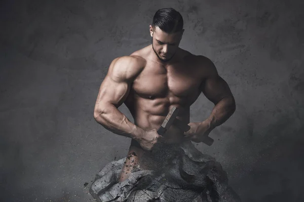 Muscular Man Statue Bodybuilder Made Himself Piece Stone Concept Self — Stock Photo, Image