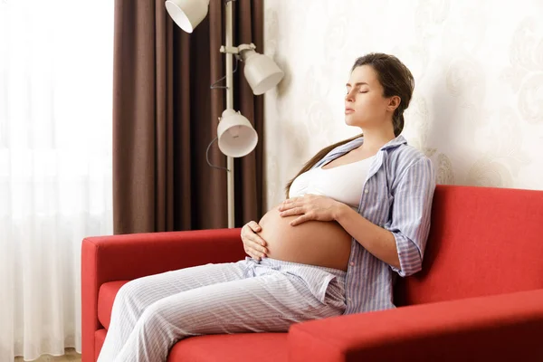 Pregnant Woman Home Feels Sick Different Health Problems Pregnancy — Stock Photo, Image