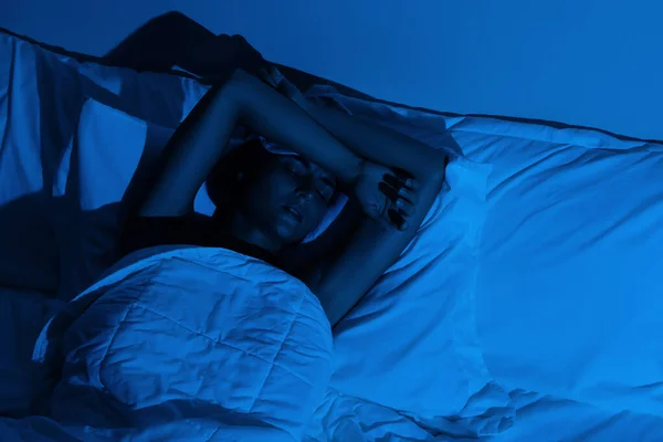Young Woman Headache Insomnia Dark Bedroom — Stock Photo, Image