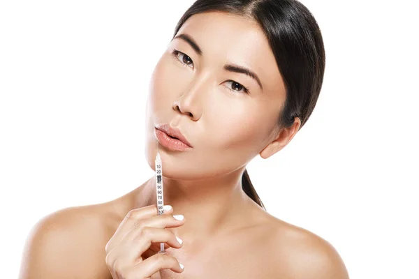 Lips Augmentation Procedure Asian Woman Syringe Ready Filler Injection — Stock Photo, Image