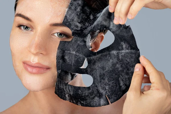 Young Woman Removing Bubble Sheet Mask Her Face Gray Background — Stock Photo, Image