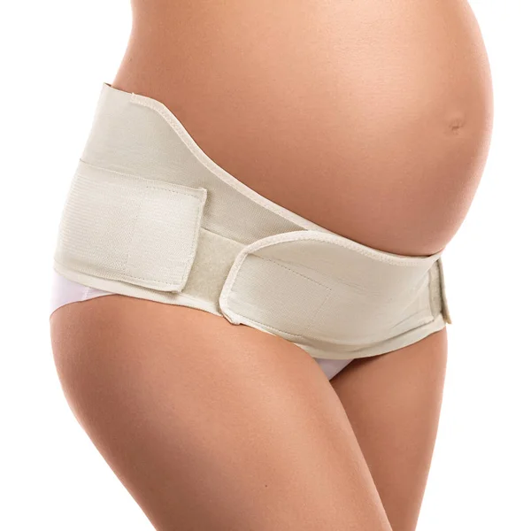 Brzuch Kobiety Ciąży Elastyczną Opaską Ciążową Białym Tle — Zdjęcie stockowe