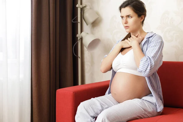 Young Pregnant Woman Sore Throat Home — Stock Photo, Image
