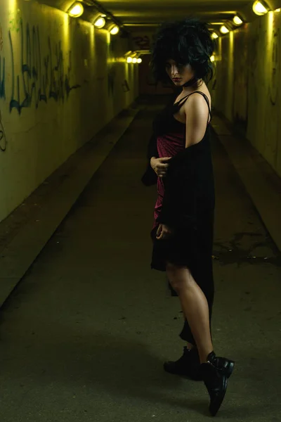 Strange Freaky Woman Disheveled Hair Dark Tunnel — Stock Photo, Image