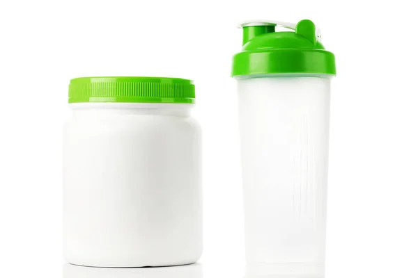 Fitness Kosttillskott Grön Protein Shaker Och Burk — Stockfoto