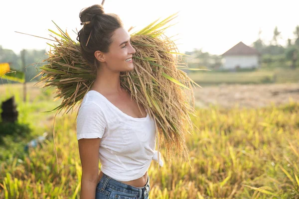 Ecotourism Daily Work Happy Woman Farmer Harvesting Rice Field — Stock Photo, Image