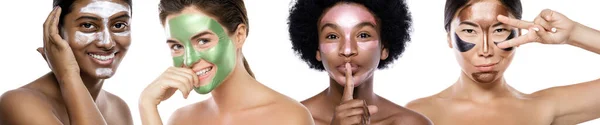 Όμορφη Πολυεθνική Ομάδα Κοριτσιών Πολύχρωμες Μάσκες Ξεφλουδίσματος Στα Πρόσωπά Τους — Φωτογραφία Αρχείου