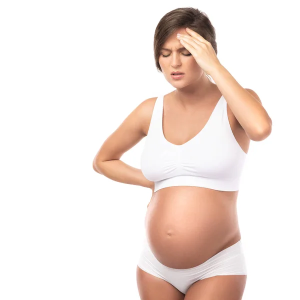 Mladá Těhotná Žena Trpí Bolestivou Bolestí Hlavy Izolováno Bílém Pozadí — Stock fotografie