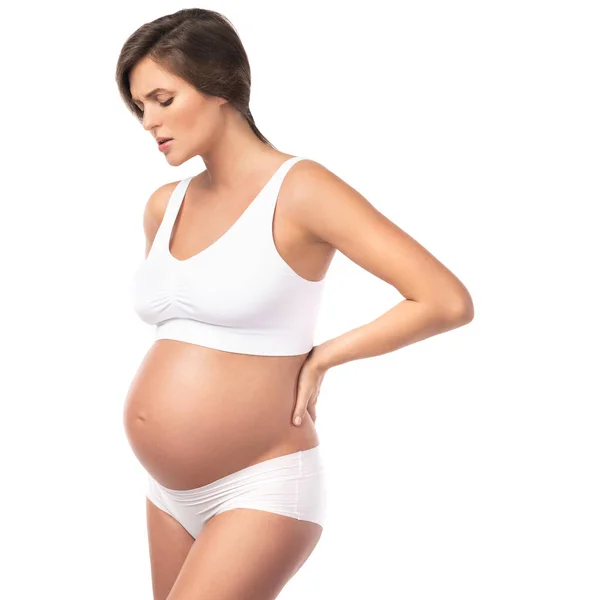 Mujer Embarazada Tiene Dolor Parte Baja Espalda Problemas Renales Aislado — Foto de Stock