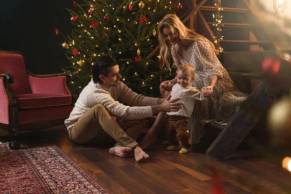 Young Happy Family Celebrating Christmas New Year Home — Stock Photo, Image