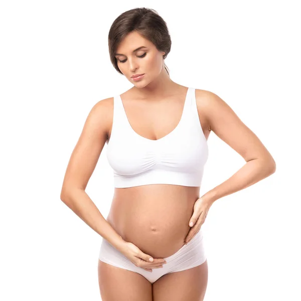 Jong Mooi Zwanger Vrouw Dragen Lingerie Witte Achtergrond — Stockfoto