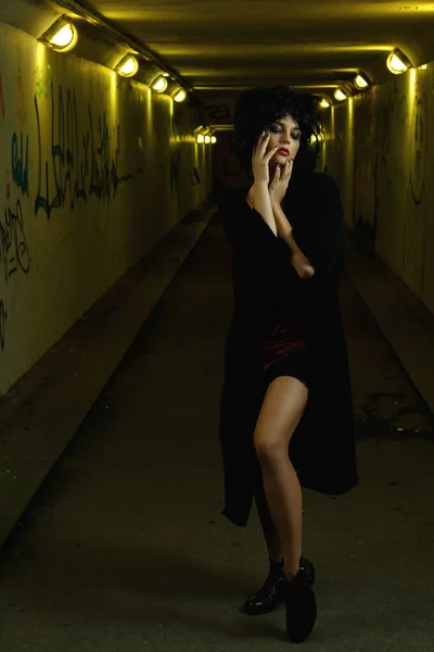 Strange Freaky Woman Disheveled Hair Dark Tunnel — Stock Photo, Image