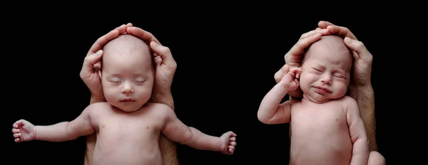 Dois Pequenos Gémeos Bebés Fundo Preto Diferença Temperamento Humor — Fotografia de Stock