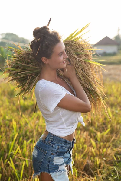 Ecotourism or daily work. Happy woman farmer during harvesting on the rice field
