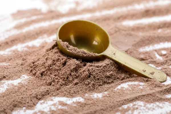 Primer Plano Cucharada Con Polvo Proteína Chocolate — Foto de Stock