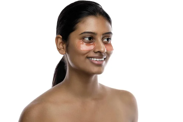 Beautiful Indian Woman Hydrating Eye Patches Her Eyes Isolated White — Stock Photo, Image