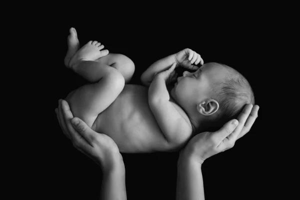 Bebê Recém Nascido Bonito Nas Mãos Mãe Fundo Preto — Fotografia de Stock