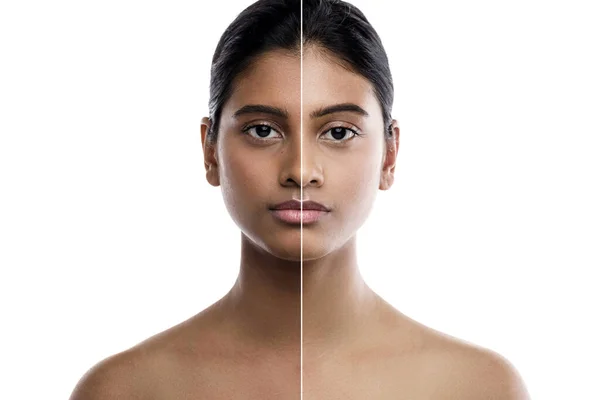 Όμορφη Ινδή Γυναίκα Και Αποτέλεσμα Της Λεύκανσης Του Δέρματος Θεραπεία — Φωτογραφία Αρχείου