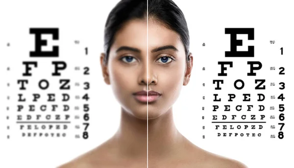 視力検査のためのインドの女性と目のチャート — ストック写真
