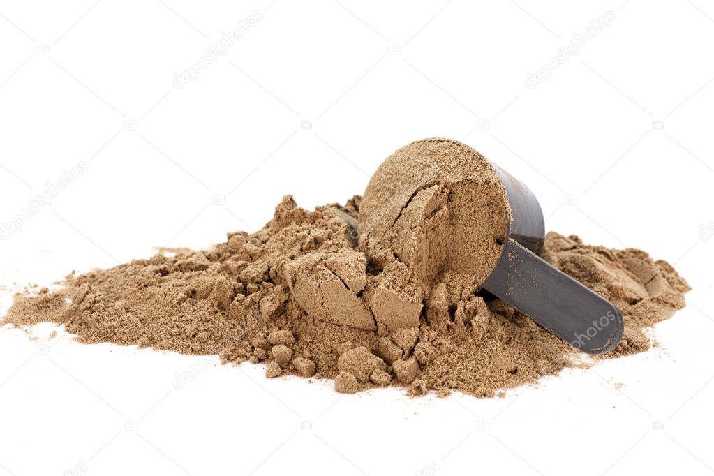 Scoop with a chocolate protein powder on white background