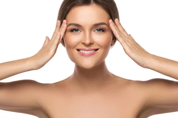 Retrato Jovem Mulher Bonita Com Pele Perfeita Fundo Branco — Fotografia de Stock