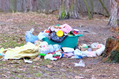 Doğanın çöp atıklarıyla kirlenmesi. Plastik ve kağıt çöpleri ormanda, yakın planda yatıyor. Çevre kirliliği kavramı.