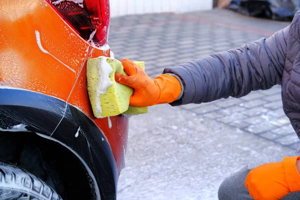 Cleaning White Soap Suds Self Service Car Wash Man Rubber — Stock Photo, Image