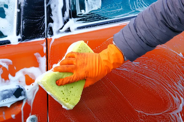 Cleaning Soap Suds Self Service Car Wash Man Rubber Gloves — Stock Photo, Image