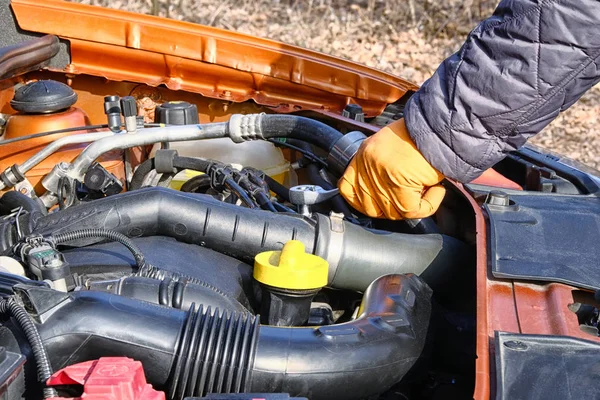 Auto Maintenance Repair Concept Hands Driver Orange Rubber Gloves Checks — Stock Photo, Image