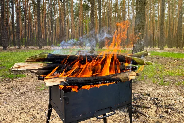 Brennholz Brennt Grill Und Bereitet Kohlen Zum Grillen Vor Grillen — Stockfoto