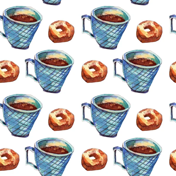 Απρόσκοπτη μοτίβο με κούπα καφέ και ντόνατ. — Φωτογραφία Αρχείου
