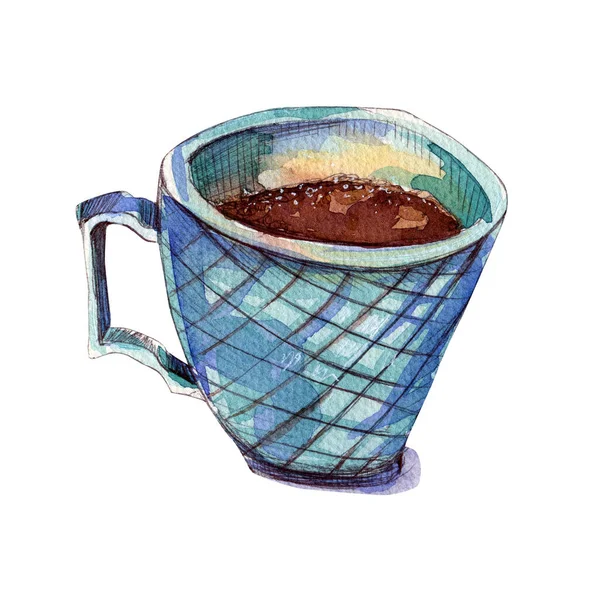 Blue mug with coffee. Watercolor illustration. — Stock Photo, Image